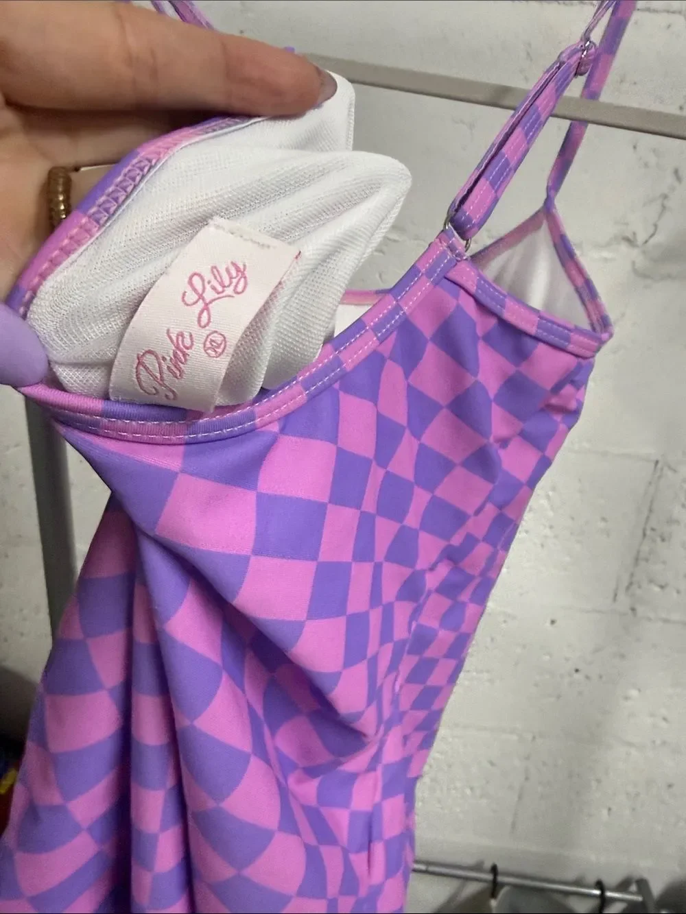 Lavender & Pink Checkerboard One Piece PINK LILY Swimsuit Size XL NEVER WORN